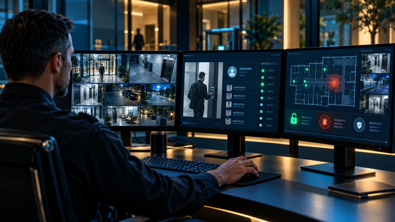 Security workstation showing video, access, and alarm information together